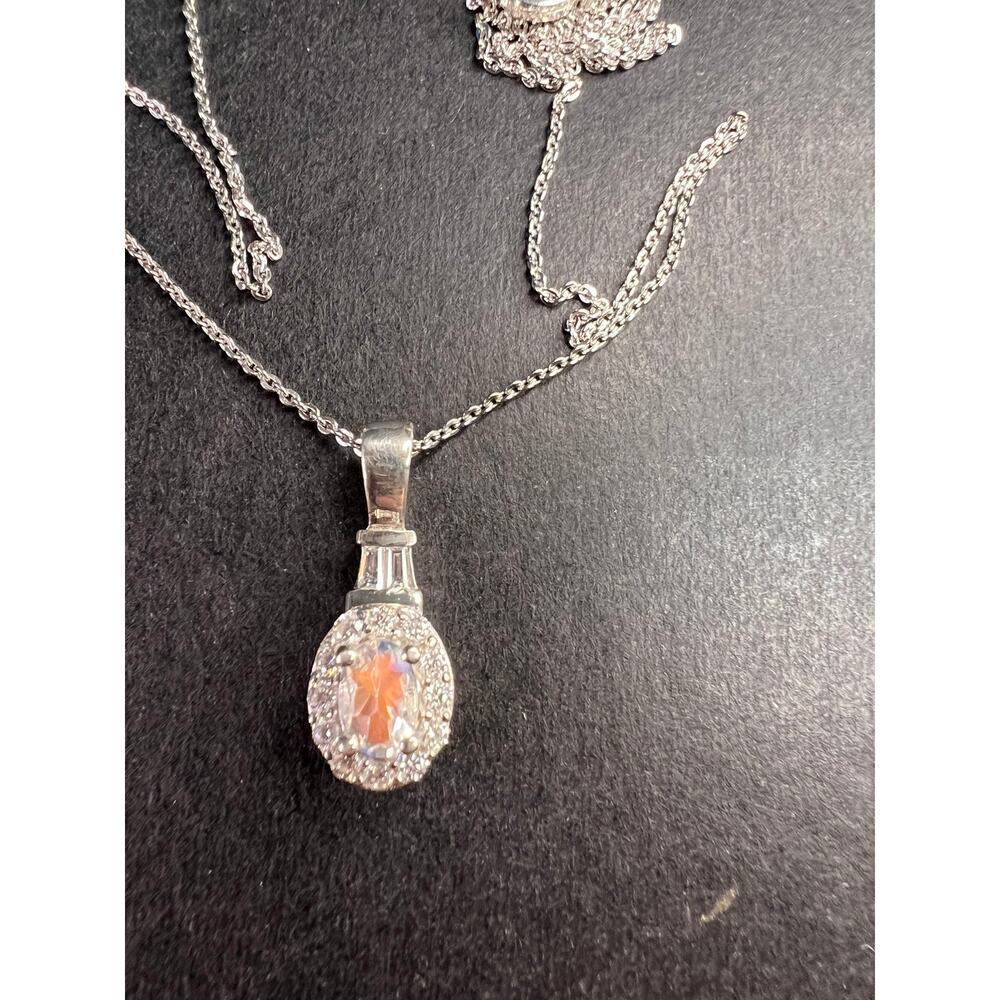 NEW gemmy moonstone and moissanite halo pendant in rhodium over sterling silver